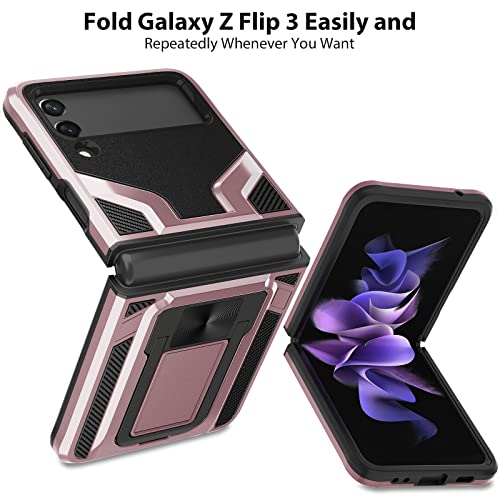 Cooya For Samsung Galaxy Z Flip 3 Case With Magnetic Stand Kickstand Shockproof Protective Case Non-Slip Bumper Armor Full-Body Heavy Duty Dual-Layer Phone Cover For Galaxy Z Flip 3 5G 6.7 In-Rosegold #TOP5