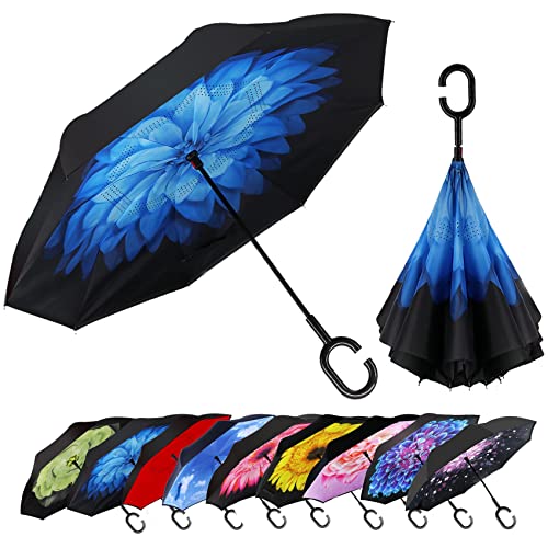 Image of MRTLLOA 40 /49 /56 Inch Oversize Windproof Inverted Reverse Upside Down Umbrella, Golf Size Rain Umbrella, Double Layer, C-Shaped Handle for Men, Women and Kids (Blue Daisy, 49 Inch)