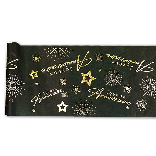 Tralala Fêtes® Chemin de Table Non-Tissé « Joyeux Anniversaire » – Déco Centre de Table Noir & Or – Décoration Originale pour Fête d’Anniversaire...