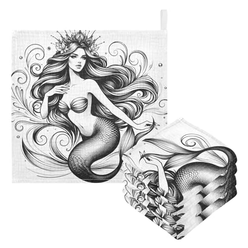 Image of Bolaz Washcloths Set Bathroom Kitchen Wash Cloths Face Towels Wipes Mermaid Sketch Decorative 12x12 Inch 5 Pack