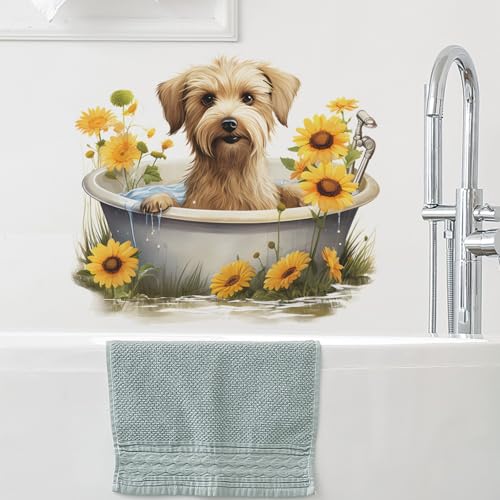 Vinilo decorativo perro adorable en bañera con girasoles miniatura 5