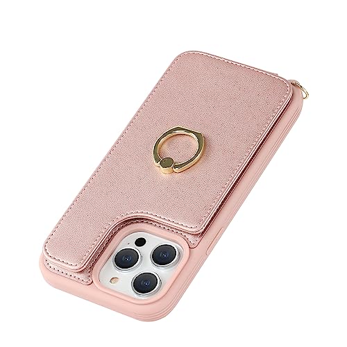 Image of for iPhone 13 Pro Case with Card Holder and Strap for Women,Crossbody Lanyard,RFID Blocking,Kickstand Ring Stand,Snap Clasp,Phone Wallet Cases 6.1 inch(Rose Gold)