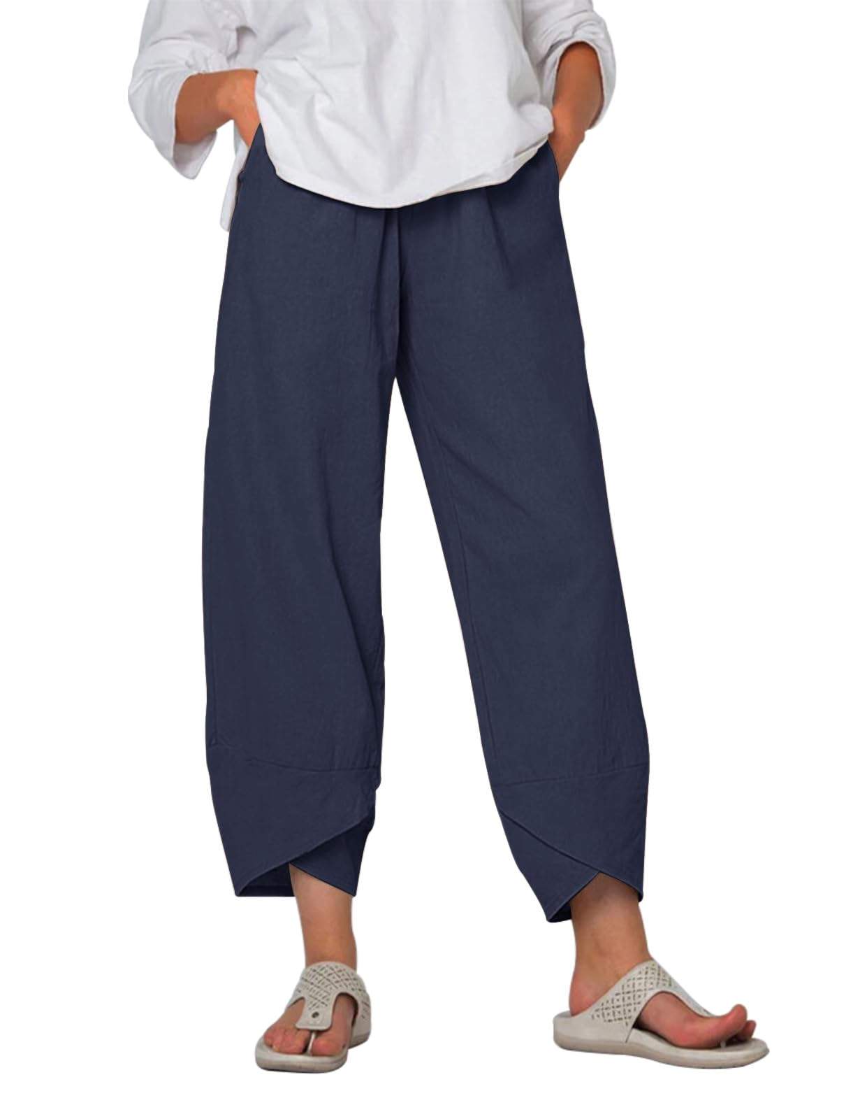 Yuson Girl Damskie letnie spodnie lniane damskie letnie bawełniane luźne spodnie 7/8 spodnie rekreacyjne spodnie Capris, elastyczne, wysoka talia, lekkie lniane spodnie z kieszeniami