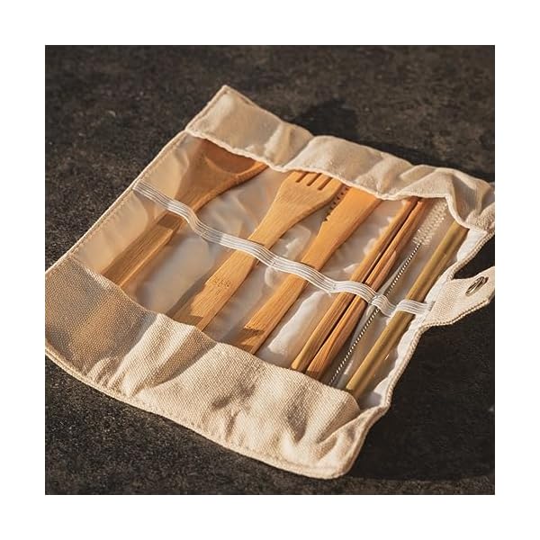 Eßbesteck aus Bambus Picknick und Reise Besteck-Set mit Tasche | Camping Geschirr, Reisebesteck, Zero Waste besteck | Löffel, Gabel, Messer, Eßstäbchen & Strohhalm | Mit Bestecktasche – Bild 3