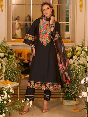 Image of INDO ERA Women's Silk Blend Floral Embroidered A-Line Kurta & Pant with Dupatta Set (IEOUT12374)