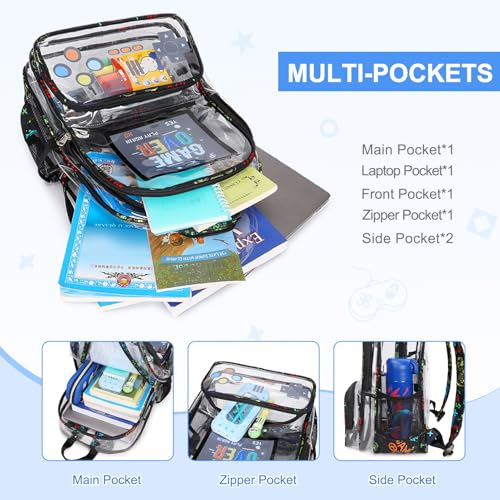 Clear Backpack for Boys, Clear Gamer School Backpack Heavy Duty with Lunch Bag and Pencil Case, Transparent See Through Bookbag Stadium Approved for Teen Boy Kids Elementary Middle High School4
