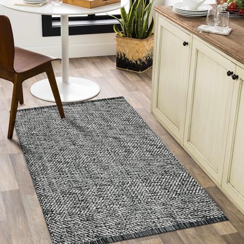 LEEVAN Washable Kitchen Rugs 3x5, Black/Cream Bedroom Rug Cotton Woven Entryway Rug, Modern Braided Outdoor Rug, Farmhouse Living Room Rug Reversible Laundry Room Rug, Hand-Woven Front Porch Decor
