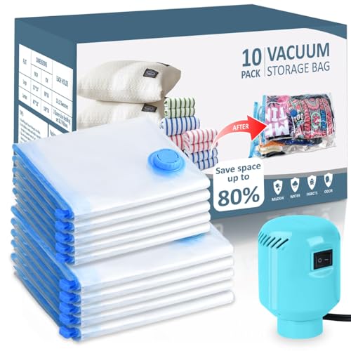 LKV Bolsas Vacío Ropa-Con Bomba Eléctrica Portátil，10 Bolsas Vacío Para Ropa Reutilizables Para Edredones (5 Grandes, 5 Medianas), Colchones, Mantas, Almohadas, Ropa De Cama, Viajes, Mudanzas