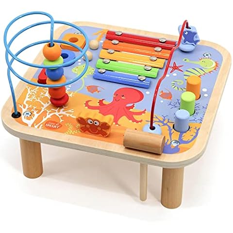 Bee Smart Toys Wooden Activity Table - 5-in-1 Play | Learning Toddler Activity Table | Xylophone, Bead Maze, Hammer Bench, Shape Sorter | Kids Activity Montessori Educational Toy Gifts for Boys/Girls Cover