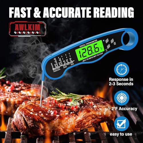 Image of AWLKIM Meat Thermometer Digital, Instant Read Food Thermometer, Blue | Waterproof cooking thermometer with doneness chart, backlight, F /C switch for BBQ, candy, oil