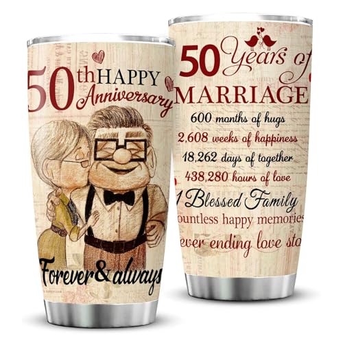 50th Anniversary Tumbler Gifts, 50th Anniversary Wedding Gifts for Couple Parents Friends, 50 years Golden Anniversary Tumbler Gifts for Him or Her, 20oz Insulated Cup Present(1 PC)