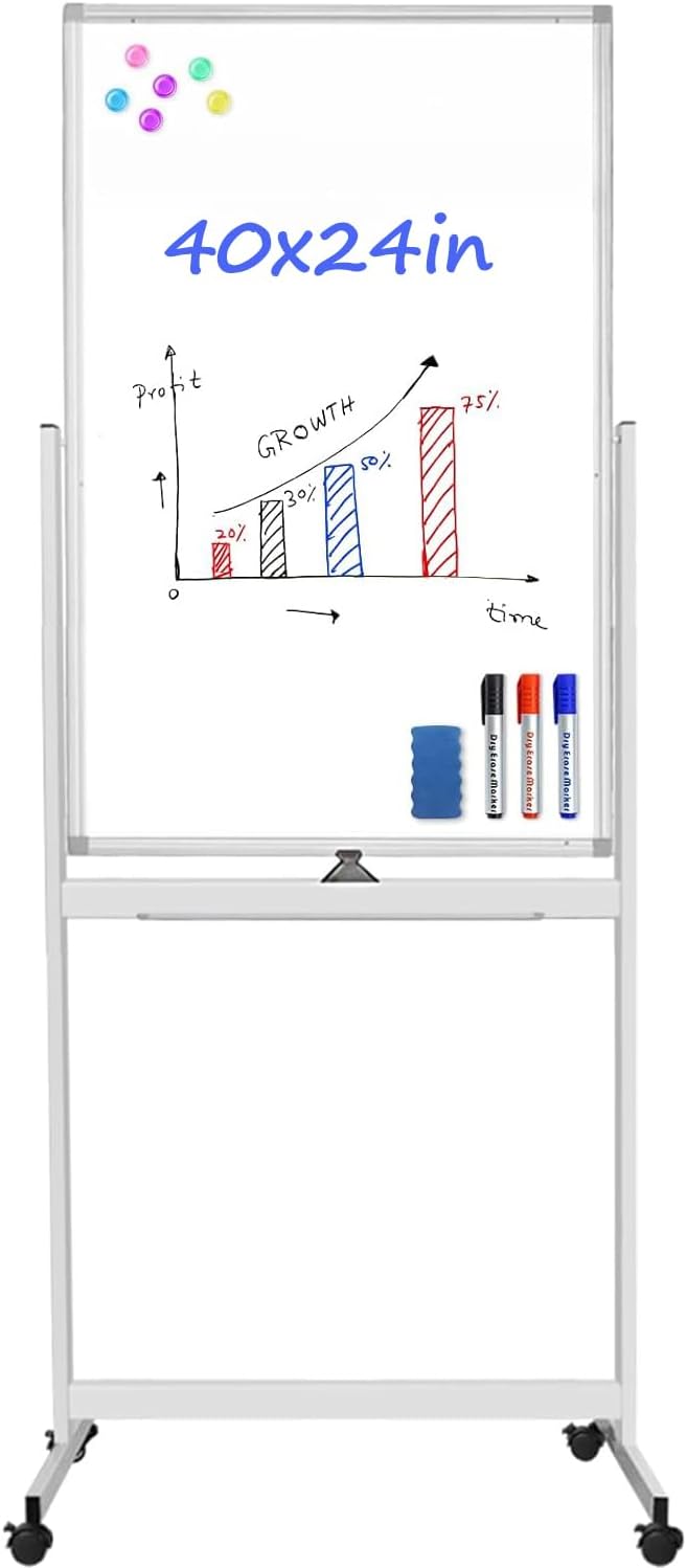 Rolling Magnetic Whiteboard With Stand, 60 * 100cm Double Sided Dry Erase Mobile Board On Wheels, Standing White Board For Classroom Teaching Home School Office Shops, Kids Art Easel