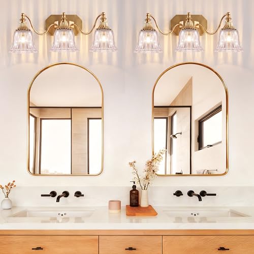 Image of Gold Bathroom Light Fixtures, 3-Light Vintage Bathroom Vanity Light, Antique Brushed Gold Lighting Fixtures Over Mirror, with Crystal Glass Shades, Wall Lighting Sconces for Bathroom Bedroom