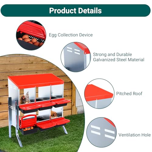 GarveeLife Nesting Boxes for Chickens, 6 Holes Chicken Nesting Boxes with Legs, Chicken Laying Box with Lid Cover, for Outdoor Chicken Coop Farm Yard, Red - Image 5