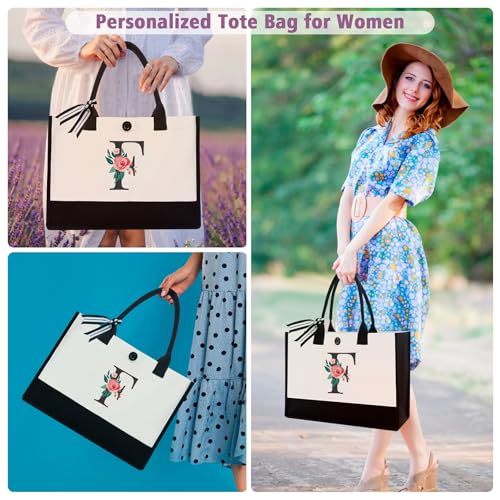 Image of Initial Canvas Tote Bag, Monogrammed Tote Bags Suitable for Mother's Day Wedding Beach