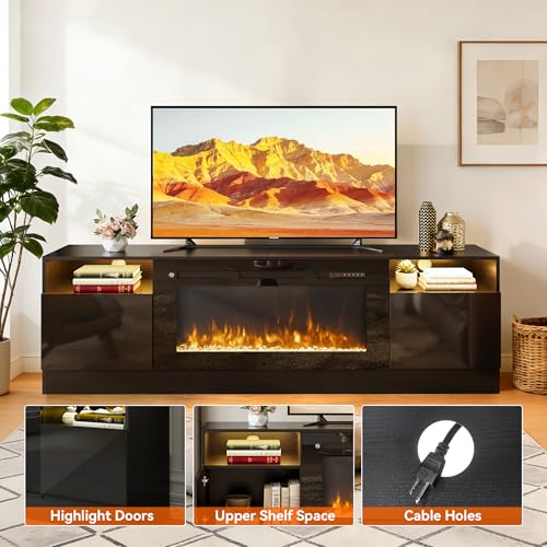 Image of MXV 70 inch Fireplace TV Stand for TVs Up to 80 inch, LED Light Entertainment Center with 36 inch Electric Fireplace, Modern Wood Texture TV Media Console with Highlight Storage Cabinet, Black-Black