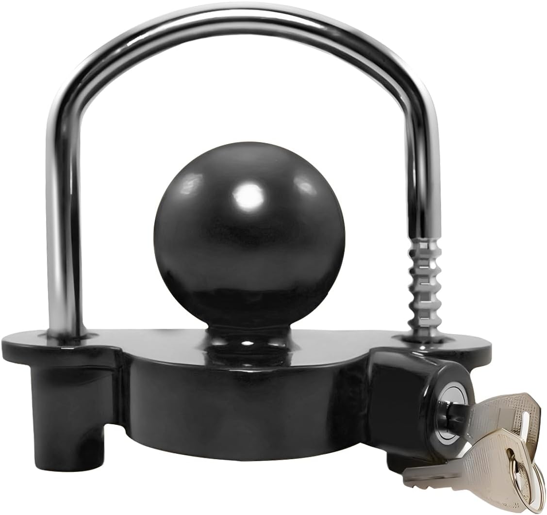 Trailer Coupler Hitch Lock, Adjustable Heavy Duty Ball Tow Hitch Locking with 2 Keys, Anti Theft Security Caravans Tongue Locker, Compatible with 1-7/8″, 2″, 2-5/16″ Coupler (Black)