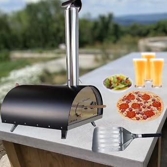 Vintage Gourmet  Table Top Portable Outdoor Pizza Oven Black Enamel coated Wood Charcoal Fired complete with folding Pizza Peel and 11 Inch square Pizza Baking Stone & Bonus Carry bag Cover [Energy Class A++]