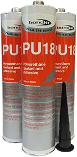 (3 Tubes) PU18 Black Polyurethane Sealant Adhesive Strong Flexible for Construction, Auto and Marine applications. Non Shrinking High Grab Suitable for Expansion Joints . Paintable .