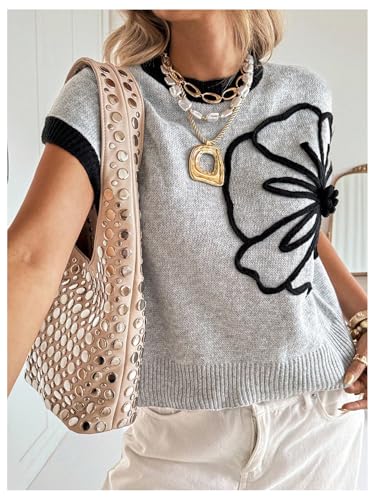 Image of SOLY HUX Women's Short Sleeve Sweater 3D Floral Sweaters Pullover Tank Tops Knit Vest Trendy Fashion Clothing