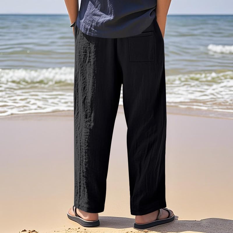 Mens Linen Pants Straight Leg Pants Fashion Drawstring Elastic Waist Loose Casual Outdoor Beach Trousers with Pockets3