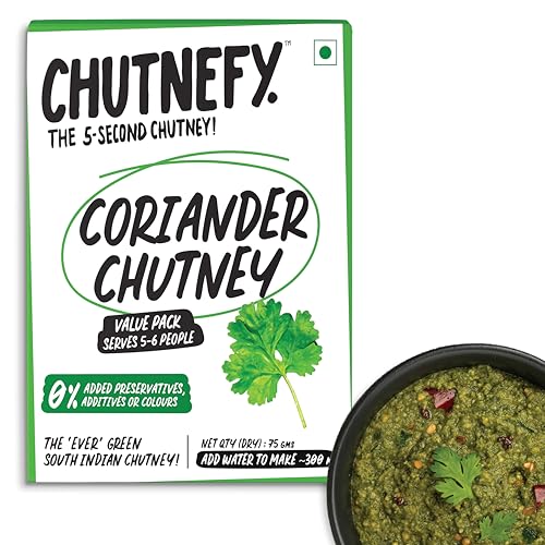 Image of Chutnefy Coriander (Dhaniya) Chutney | 100% Natural Ingredients | Pack of 1 * 75gms (Dry) | Add Water to make 300ml | 5-6 Servings | No Preservative | Authentic South Indian Recipe for Indian Tiffins