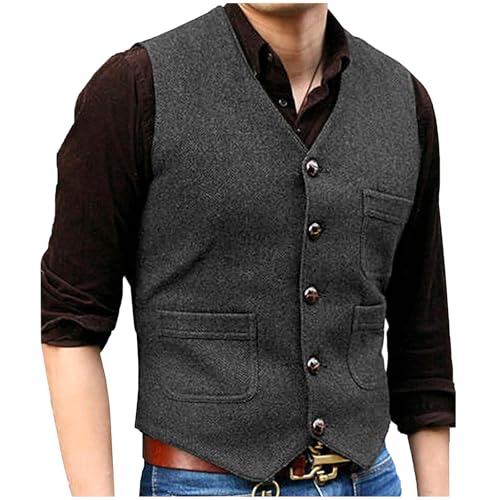 Men's Herringbone Tweed Suit Vest Single Breasted Slim Fit V-Neck Waistcoat 2025 Dress Business Vests with 3 Pockets