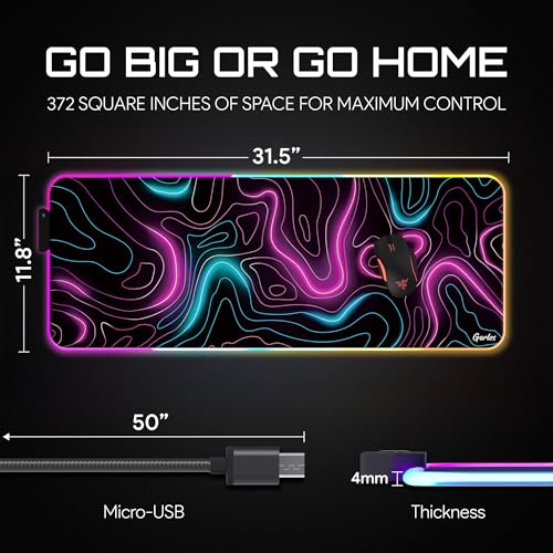 Image of Gerlos RGB Gaming Mouse Pad, Large LED Desk Mat, 31.5 x 11.8 Inch | 12 light modes, non-slip base, water-resistant surface, stitched edges