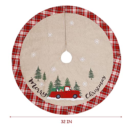 Juegoal 32 Inch Christmas Tree Skirt, Burlap Xmas Tree Mat With Red And White Plaid Edge, Dog In Truck Merry Christmas Base Cover For Tree New Year Party Home Holiday Decorations #TOP2
