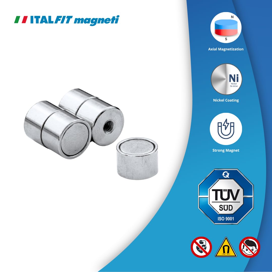 Italfitmagnetisrl Neodymowy system magnetyczny o średnicy 12 x 8 mm grubości z gwintowanym otworem M4, Siła przyciągania 5.50 kg, Magnes wkręcający zestaw 20 sztuk