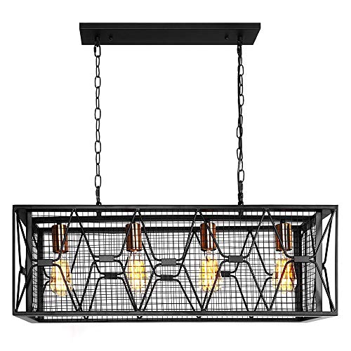 OYIPRO Farmhouse Chandelier Pendant Lighting, 4 Lights Industrial Rectangular Retro Rustic Ceiling Lights for Kitchen Island Dining Room Rectangle Black Light
