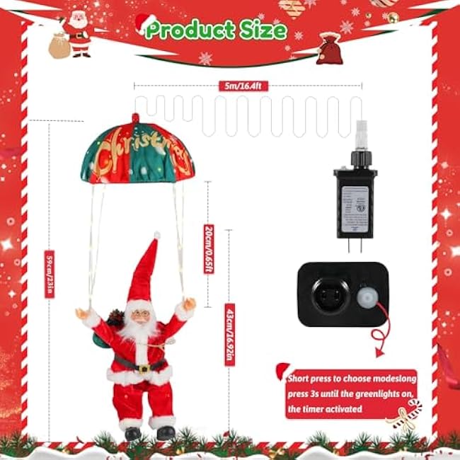 Christmas Decorations Lights Outdoor, 88 LED Christmas Parachute Lights with Santa Claus, 8 Modes Hanging Warm White Xmas Light, Holiday Decorative Lighting for Roof Eave Porch Balcony Indoor Decor