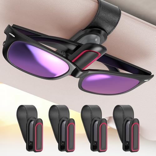 Image of Veharvim Sunglass Holder for Car (2 Pack, One-Handed Operation, Gentle & Secure Hold, Silicone Padded, Universal Fits Sunglass and Car Visor) - Sunglasses Clip for Car Visor (Black & Red, 4 Pack)