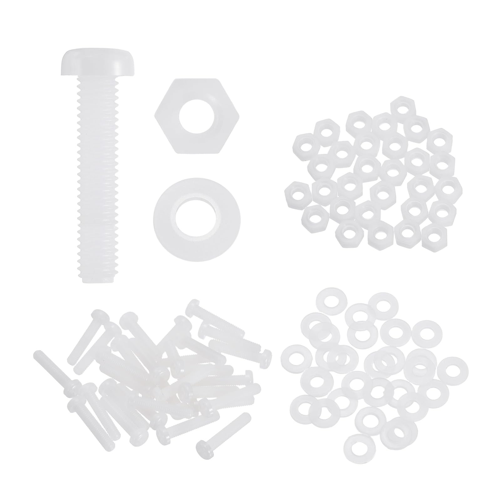 sourcing map 30 Set M4x20mm Nylon PA66 Plastic Cross Round Head Screw Phillips Bolts Hex Nuts Flat Washers Assortment Kit, Metric Full Thread Bolt Fasteners for DIY Machine Assembly, White