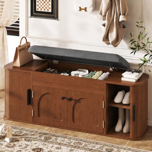 Image of Einhomn 47.2 inch Shoe Storage Bench with Cushion, Sliding Door Entryway Bench with Lift-Top Hidden Storage and Adjustable Shelf, Wooden Shoe Cabinet for Hallway, Bench for Bedroom End of Bed, Walnut