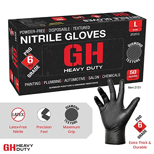 Gh Heavy Duty Diamond Textured Nitrile Gloves, All Purpose 6 Mil Thick Disposable Gloves, Latex & Powder Free, 50 Pack (Black), X-Large #TOP1