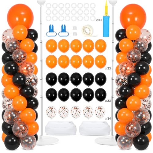Image of 2 Sets Orange and Black Balloon Column Stand Kit with 100 Balloons Adjustable Balloon Tower Stand with Bases for Floor Black Orange Confetti Balloon Column Kit for Valentine Birthday Party Decor