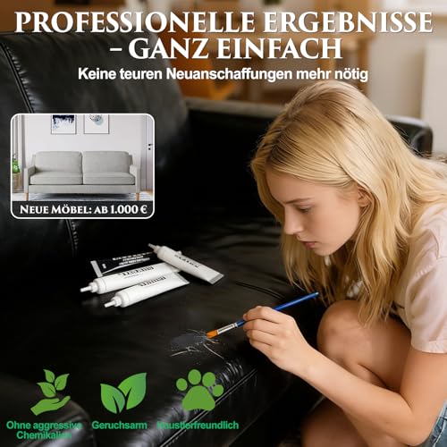 Quadence Leder Reparatur Set Schwarz – Flüssigleder Reparaturset für Auto, Sofa & Möbel, Kunstleder Reparaturset für Kratzer, Risse & Löcher, für Leder & Kunstleder (5-teilig: 2 × 50 ml + 3 × 25 ml)