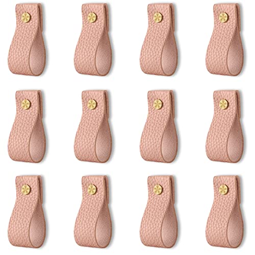 Image of ANJUU Leather Drawer Pulls, 12 Pcs Leather Pulls Handles, Handmade Knobs Cabinet Hardware Pulls for Dresser Cabinet Doors and Closet (Light Pink)