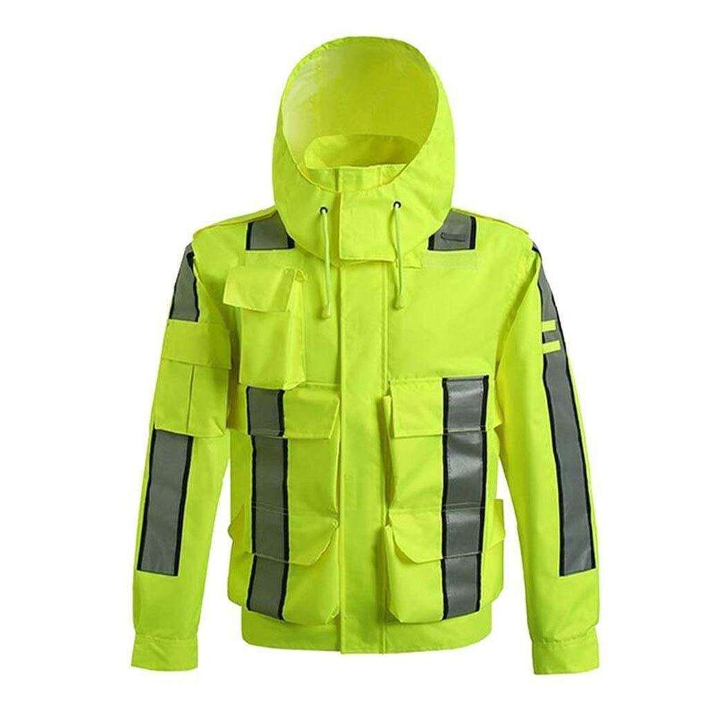 Guhui Raincoat -Hi Vis Safety Jacket, High Visibility Safety Work Hoodie Waterproof Raincoat Breathable Portable Zipper Button Hood Motorcycle Riding Camping Jacket, Yellow