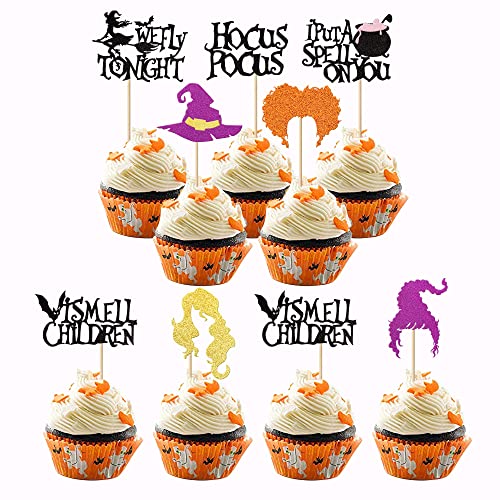 24 Pack Hocus Pocus Cupcake Toppers Glitter Witch Hair Halloween Cupcake Picks I Smell Children I Put A Spell On You Halloween Theme Baby Shower Kids Birthday Party Cake Decorations