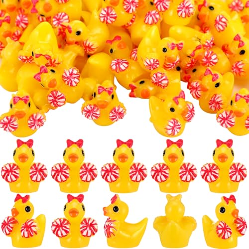 Weysat 60 Pcs Mini Cheer Ducks with Bows Pom Poms Team Gifts Bulk Rose Pink