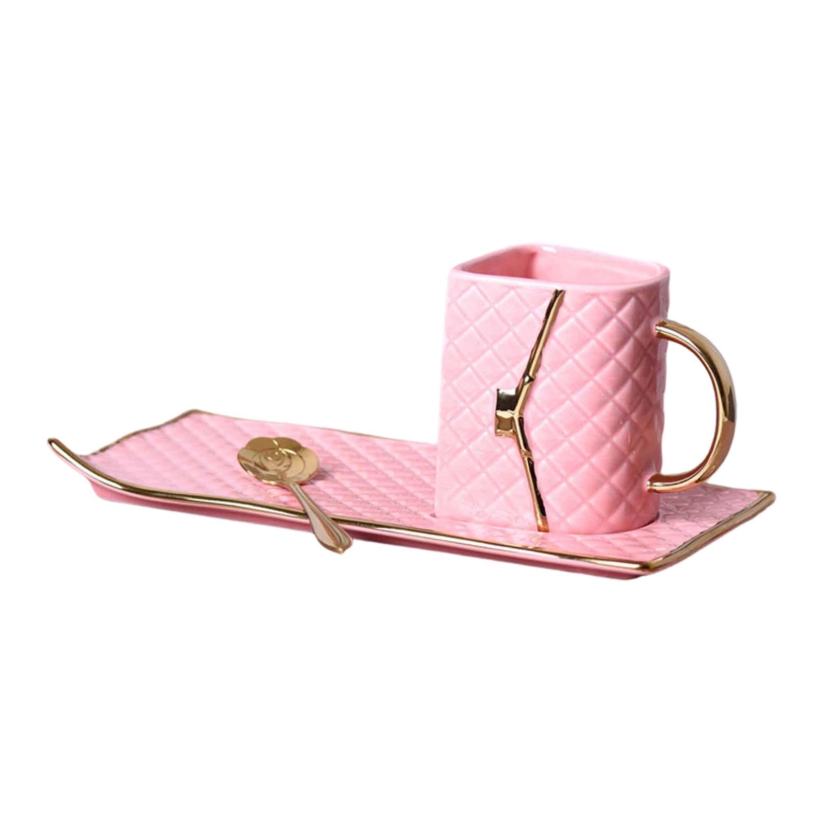 Tazza da con Manico Tazza Ceramica Riutilizzabile con Design E Cucchiaio per Colazione Bevande Calde E Fredde Adatta a, Rosa