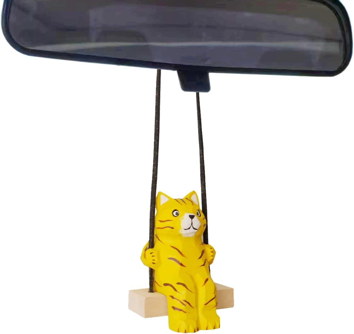 LongJT Handmade Wooden Swinging Animal Car Hanging Ornament - Cute Hand Carved Painted Wood Animal Figurine Car Mirror Hanging Accessories Decor Gifts (Cat)