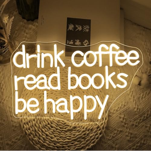 Image of Looklight Drink Coffee Read Books Be Happy Neon Sign Warm White Read Books Led Neon Light for Wall Decor Dimmable USB Neon Light Up Signs for Classroom Coffee Shop Bookstore Library Museum Study Room