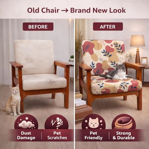 Image of STITCHNEST 'Contour Fit Series' Stretchable Printed Wooden Sofa Cover (Pack of 2) - Elastic Wooden Chair Cover | Wooden Sofa Seat Cover | Size - 20-21 x 20-21 x 3-5 in