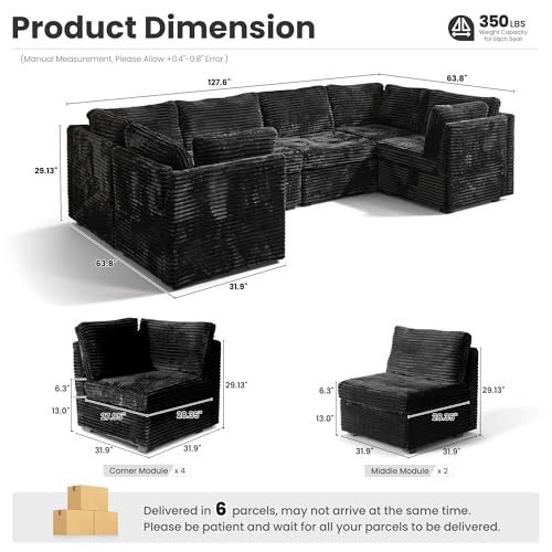Image of ovios Modular Sectional Sofa Couch with U-Shape Chaises Convertible, Comfy Plush Corduroy Cloud Couches, Modern Luxury Deep Seat Sofas Set for Living Room, 6-Seater, Black