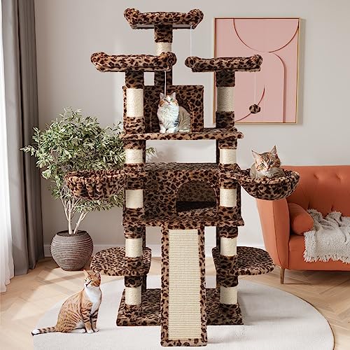 Image of SHA CERLIN 68 Inches Multi-Level Large Cat Tree for Large Kitties /Big Cat Tower with Condo /Cozy Plush Pussycat Perches /Sisal Scratching Posts and Hammocks /Activity Center /Leopard Print