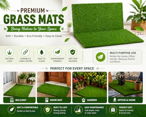 Image of Premium Artificial Grass Mat for Balcony, Garden & Entrance | Soft Anti-Slip Washable Green Turf Floor Mat for Indoor Outdoor Home Decor | Synthetic Lawn Mat | Medium | 16 X 24