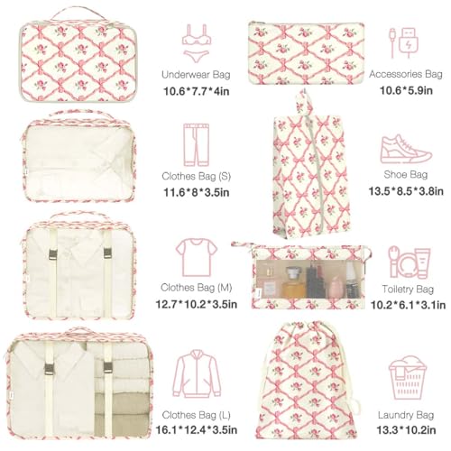 Image of 8 Set Packing Cubes for Suitcases,Packing Cubes with Shoe Bag, Cosmetics Bag, Clothing Bag, Accessories Bags Packing Cubes for Travel Luggage Organizer Women Men(Bow Flowers)